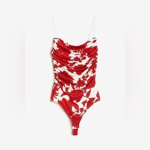 H&M Draped Thong Bodysuit White/Red floral
